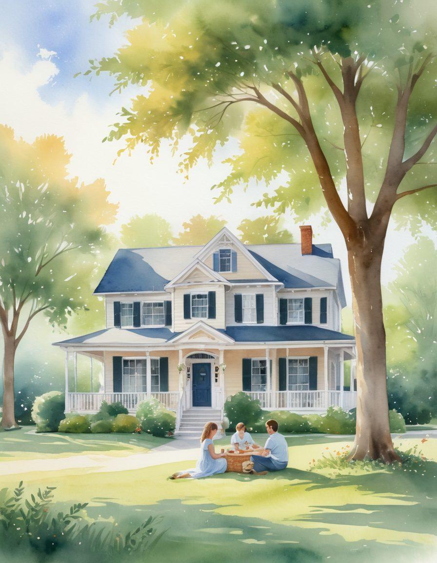 A serene landscape featuring a peaceful family enjoying a picnic under a large tree, while icons of various insurance benefits (like health, home, and auto) float gently around them in a soft, ethereal style. The sky is bright and calming, symbolizing security and protection. Include elements like a happy family, a safe home in the background, and lush nature. watercolor style. soft colors. light dreamy atmosphere.
