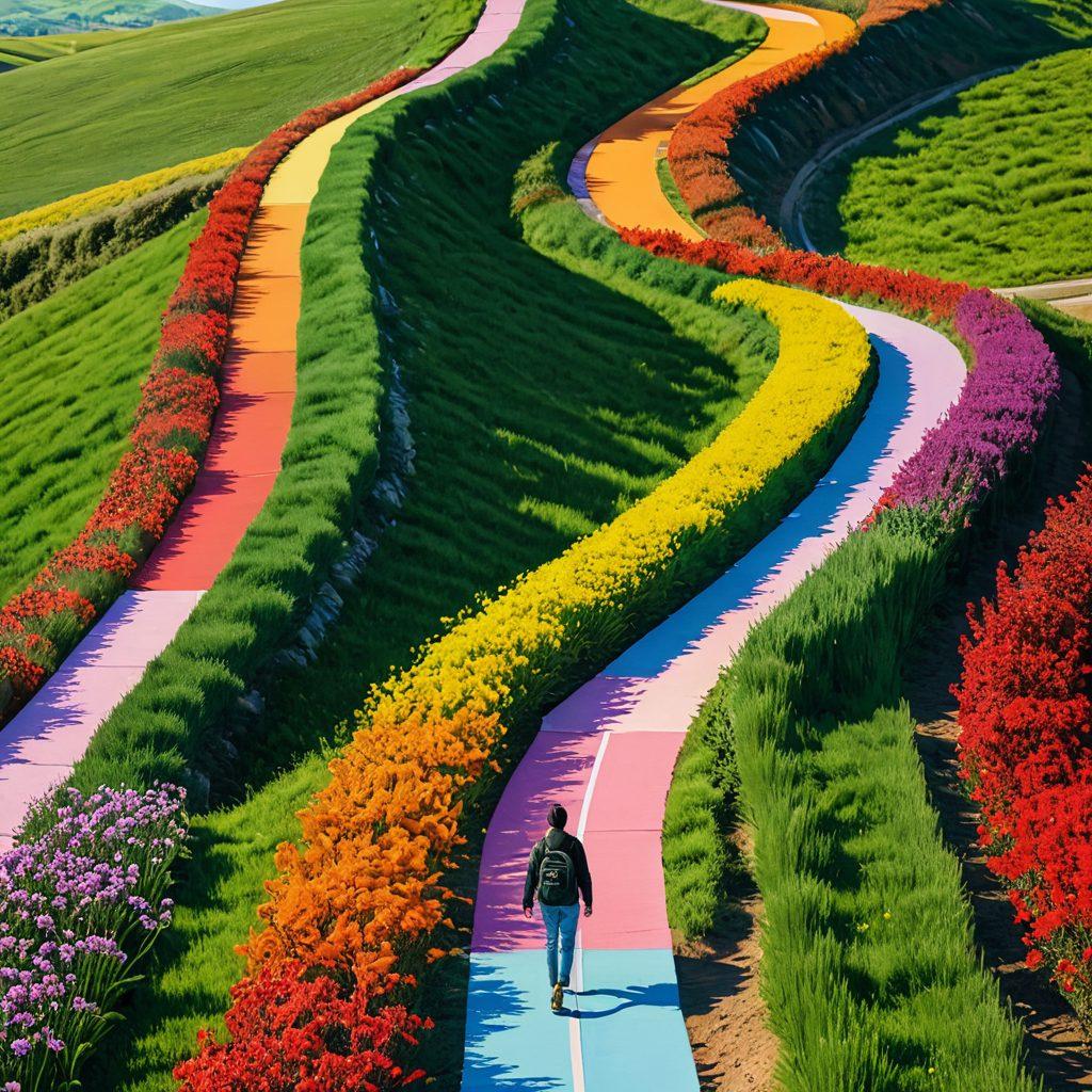 A visually engaging metaphorical representation of a person on a path made of insurance policies, with various signposts indicating different types of coverage like 'Health', 'Auto', and 'Home'. In the background, rolling hills depict financial stability, while a bright sun symbolizes clarity and understanding. Use vibrant colors to evoke a sense of hope and opportunity. super-realistic. bright colors.