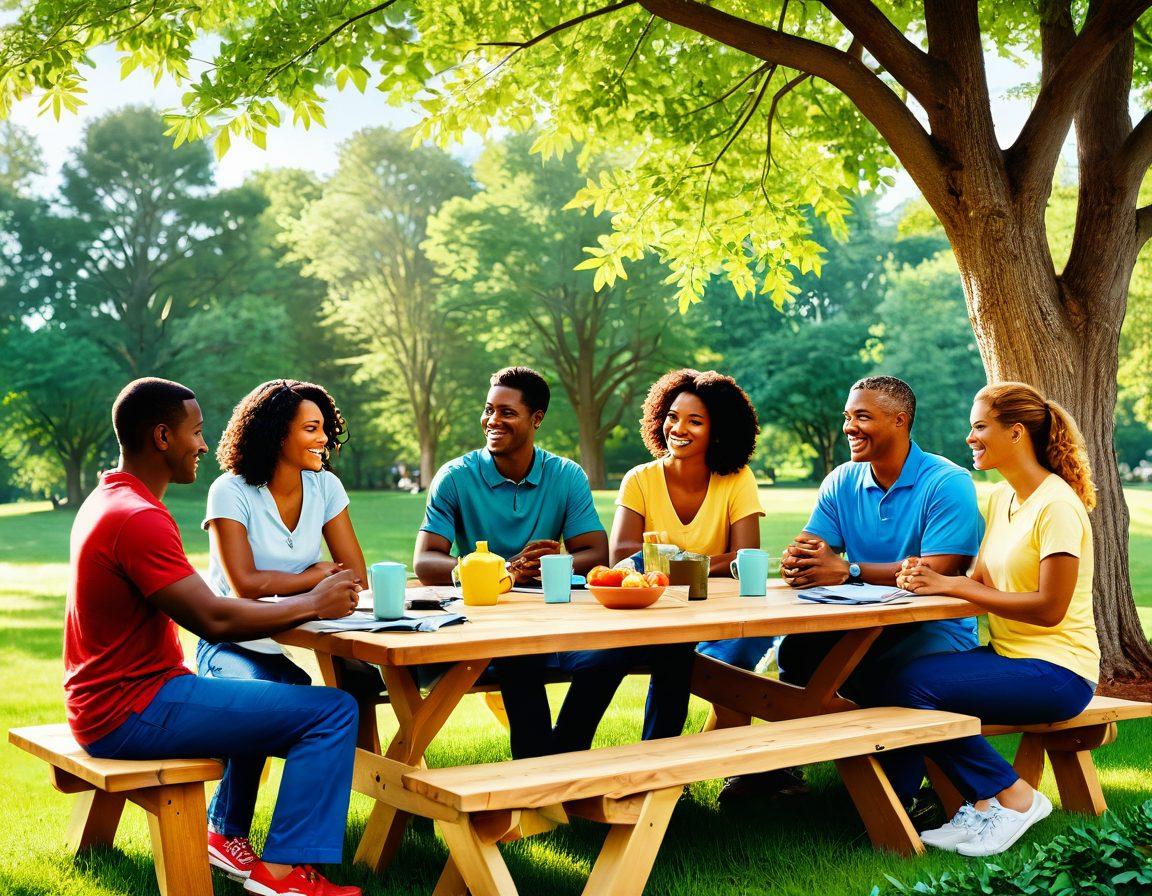 A serene, yet engaging illustration featuring a diverse group of individuals happily discussing insurance options at a picnic table outdoors, surrounded by nature. Include elements representing different types of insurance like health, auto, and home in colorful icons. A sign in the background reading 'Unlocking Affordable Insurance' adds a touch of inspiration. Use warm, inviting colors to evoke a sense of community and trust. vibrant colors. illustrative style.